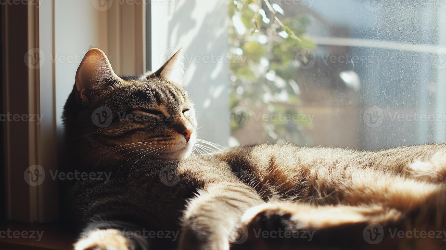 A relaxed tabby cat lounging in sunlight by a window, enjoying a peaceful afternoon at home photo