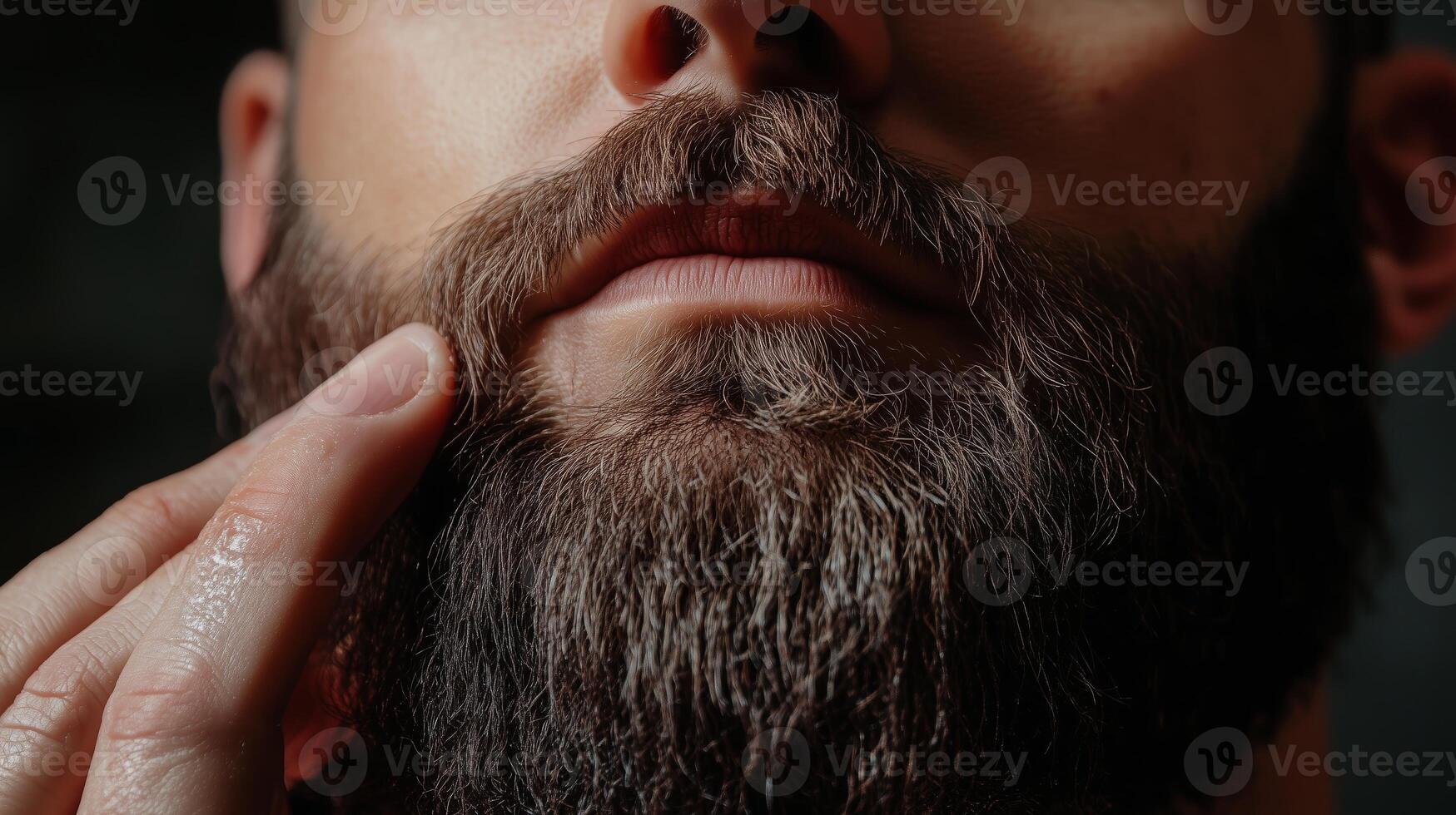 Close-up of a man grooming his well-defined beard in soft lighting, highlighting texture and detail, during an evening routine at home photo