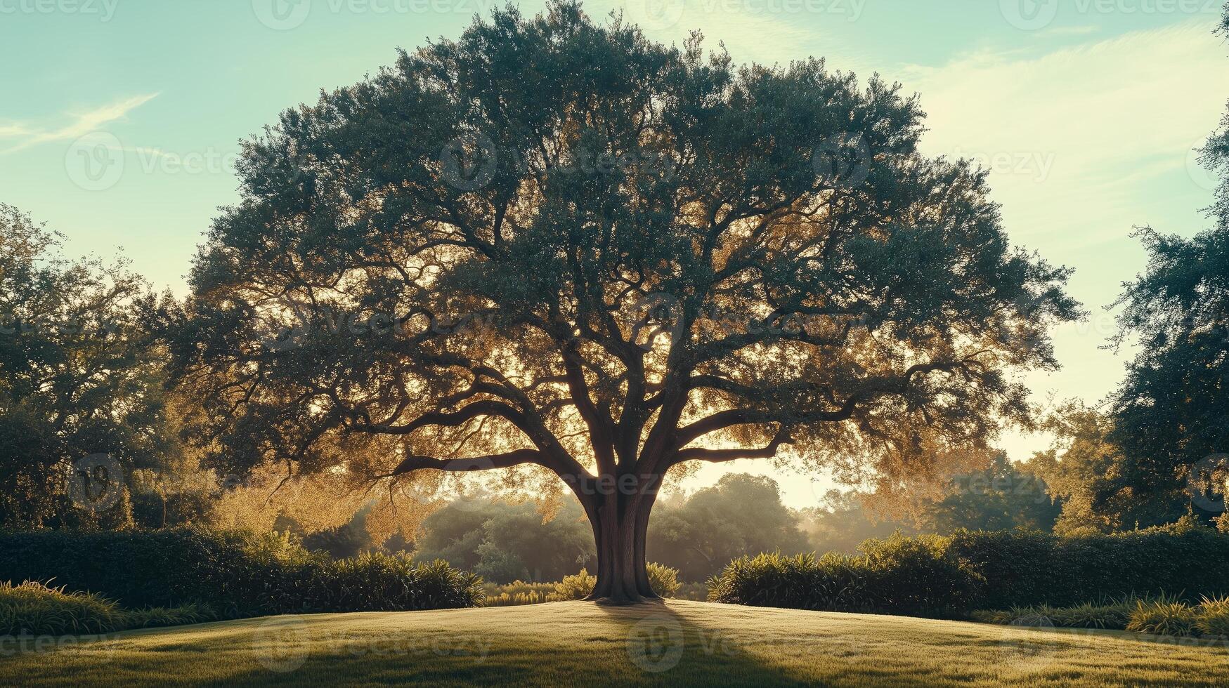 Sunset light shines through a majestic oak tree in a tranquil park setting during early evening photo