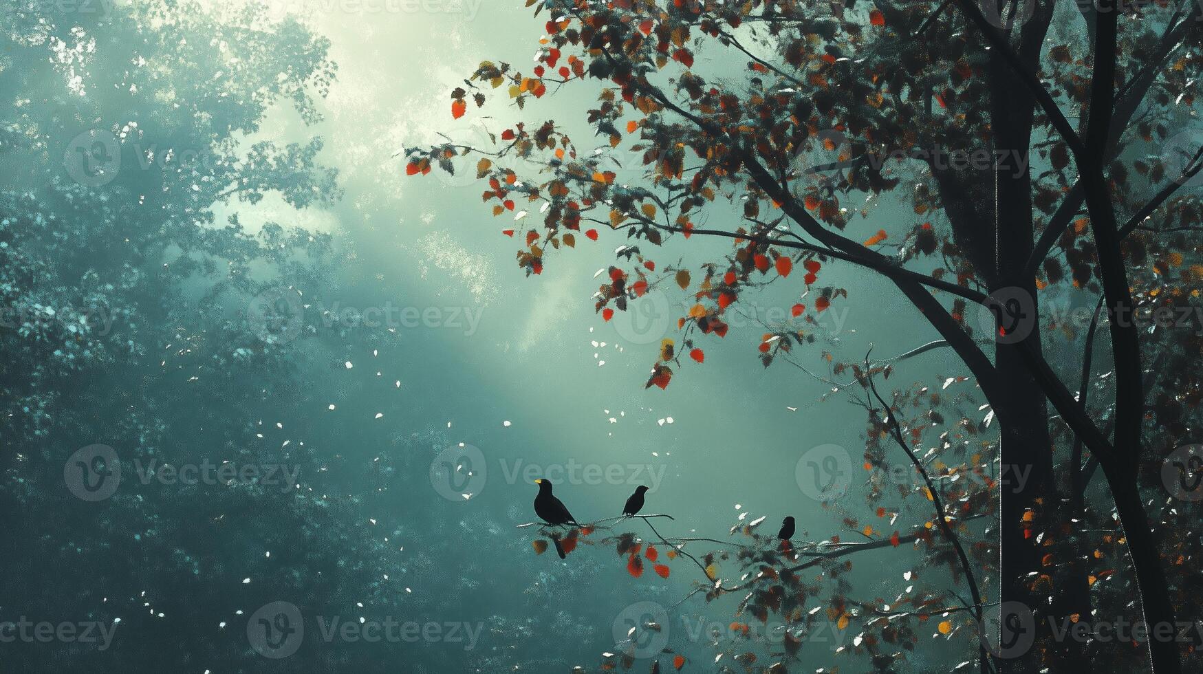 Dappled sunlight filters through trees as birds perch on branches in a serene forest during autumn's early morning glow photo
