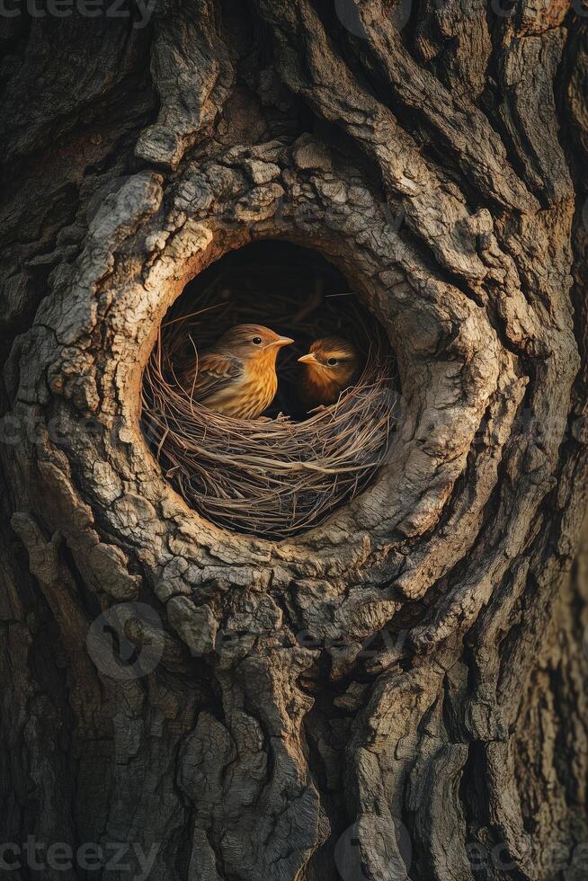 Nesting birds in a tree trunk during the early morning light, showcasing nature's beauty and peacefulness in their habitat photo