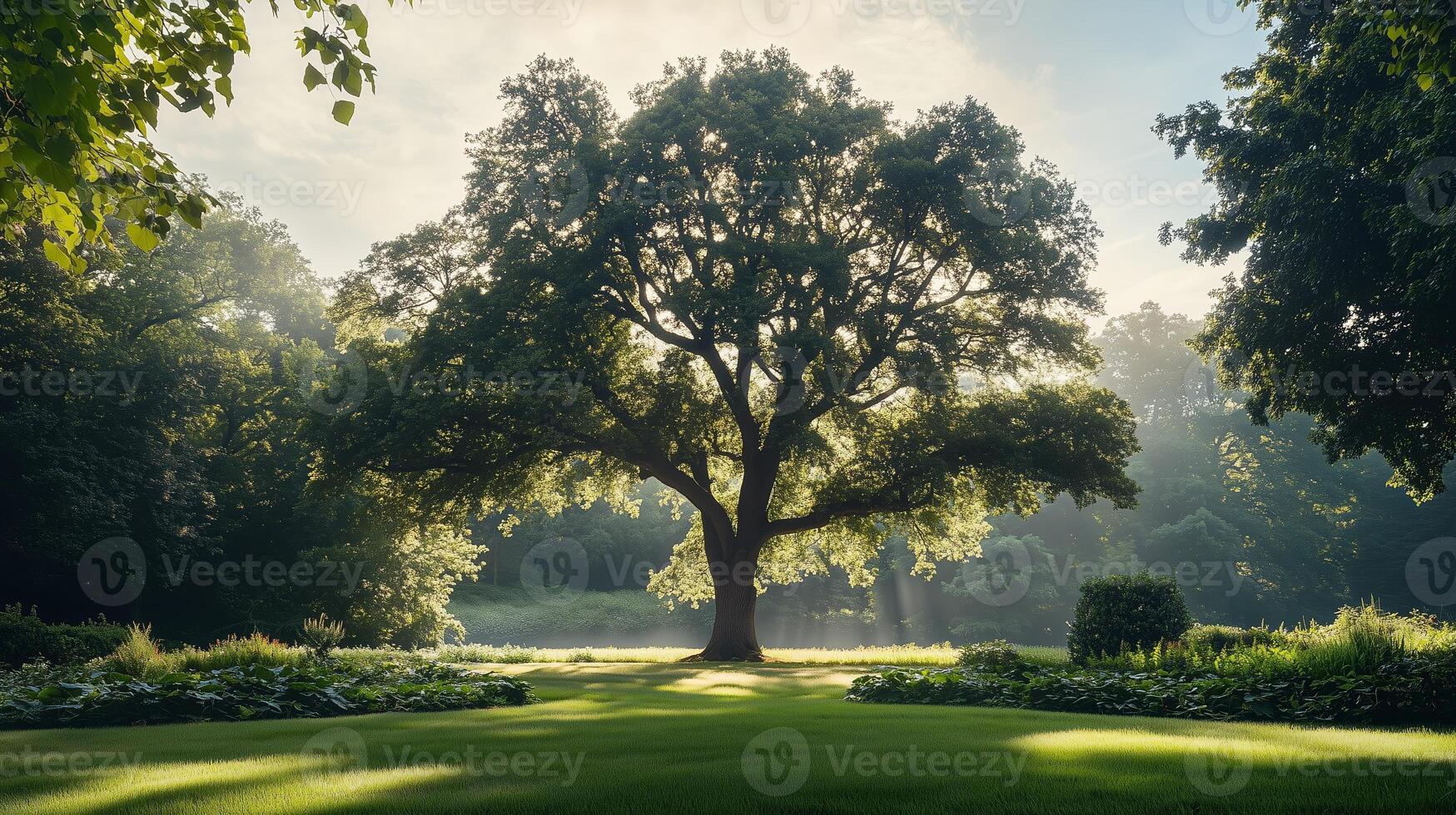 Majestic oak tree surrounded by lush greenery at sunrise in a serene park landscape photo