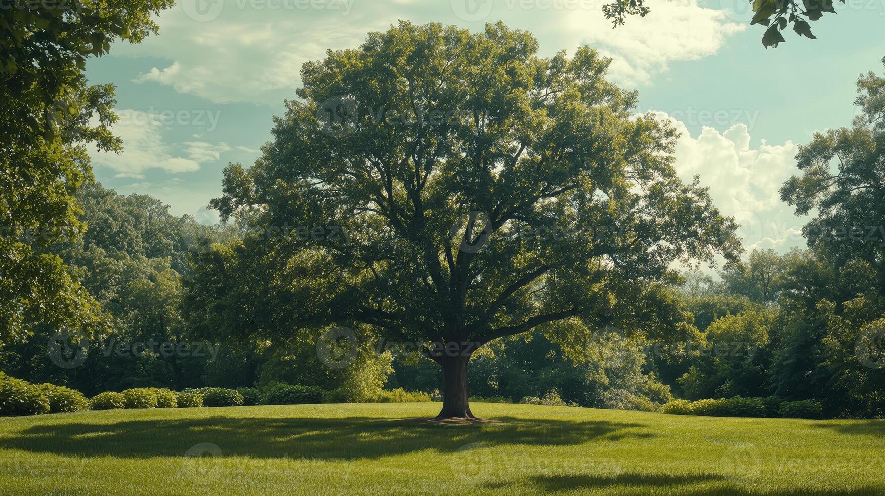 A solitary oak tree stands tall in the lush green park under a bright blue sky during a warm summer afternoon photo