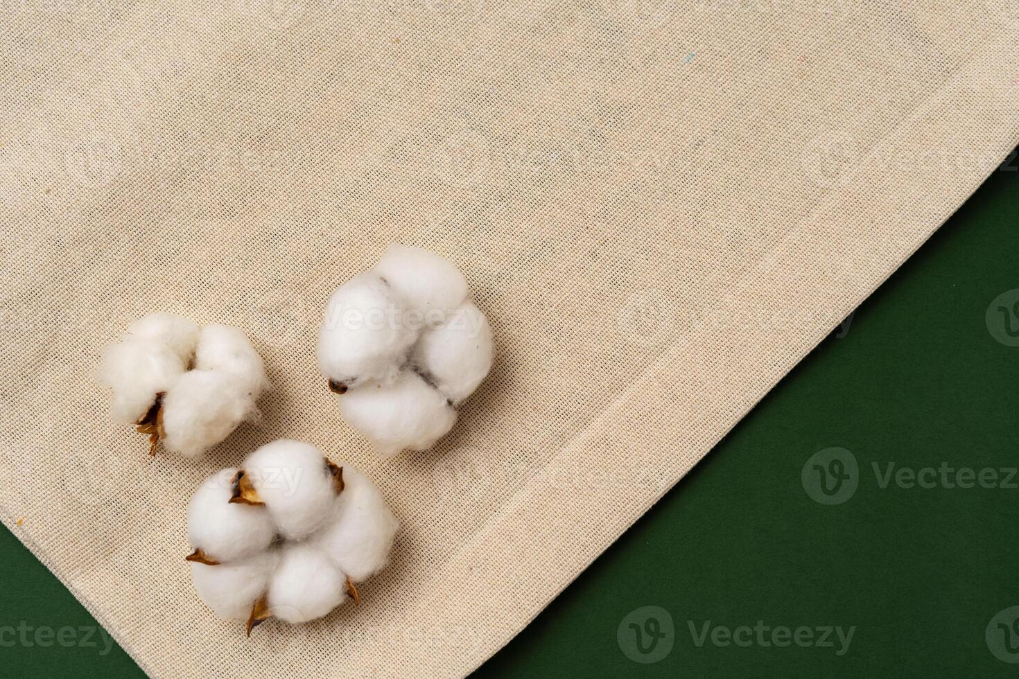 Textile eco bag and cotton flowers on paper background. photo