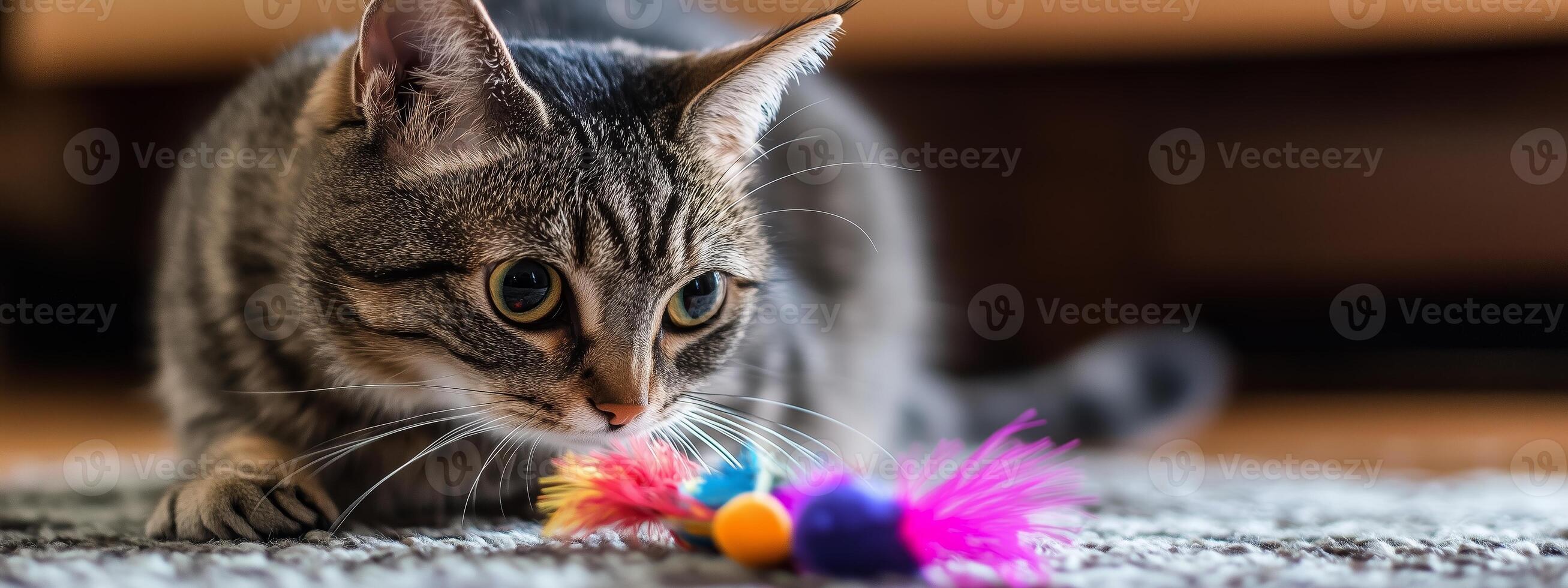A playful cat curiously examines colorful toys on a cozy living room carpet during afternoon playtime photo