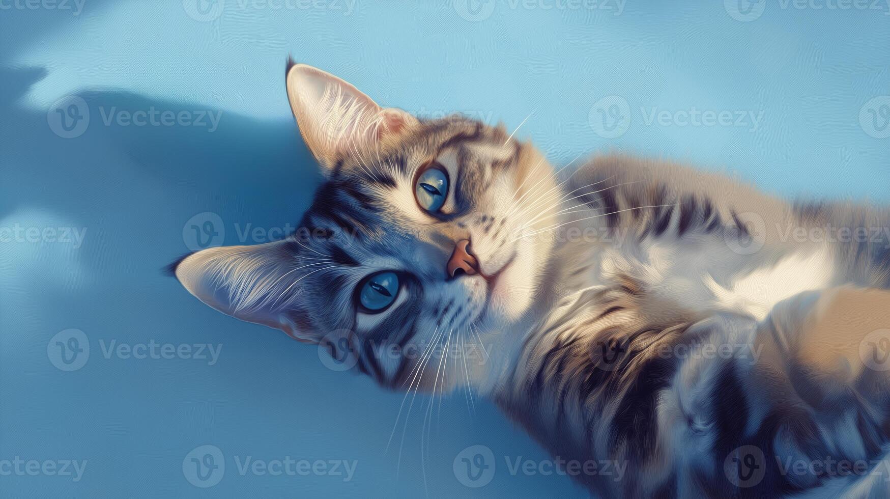 A playful cat stretches out on a blue surface under soft lighting, showcasing its unique fur pattern and bright blue eyes photo