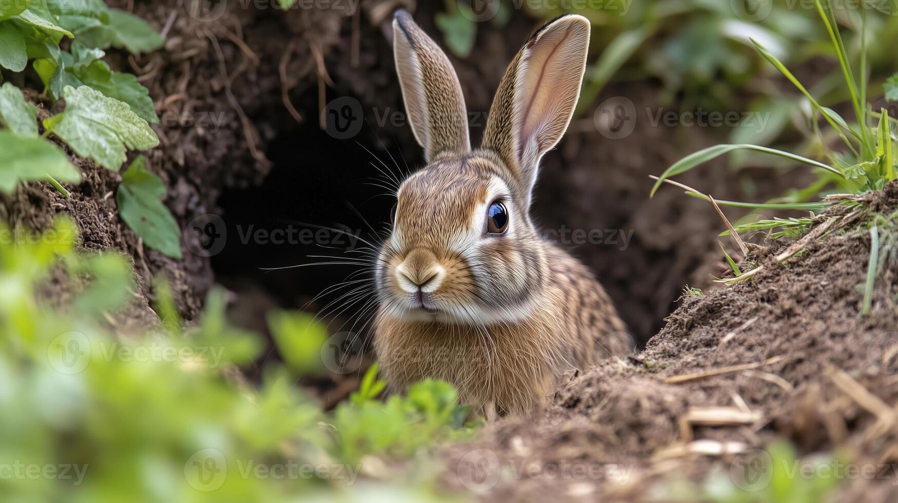 A curious rabbit peeks out from its burrow surrounded by lush greenery in a tranquil garden during springtime photo