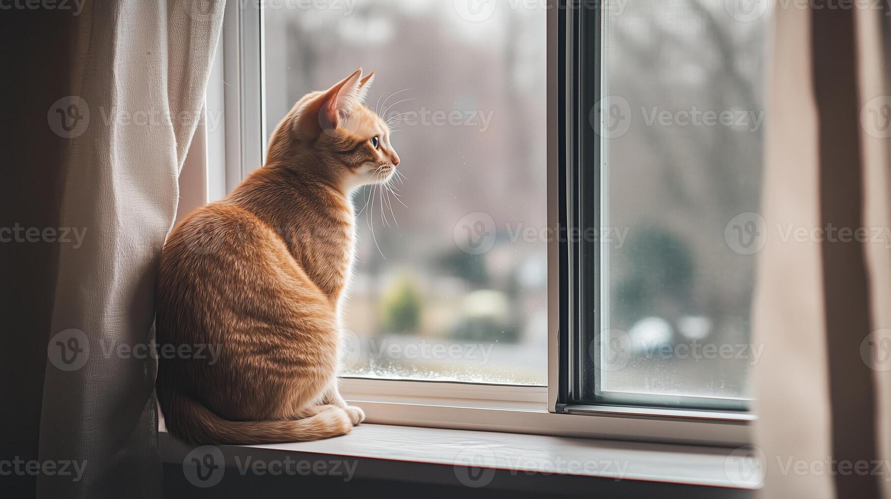 A contemplative orange cat gazes out a window on a quiet, overcast day in a cozy indoor setting photo
