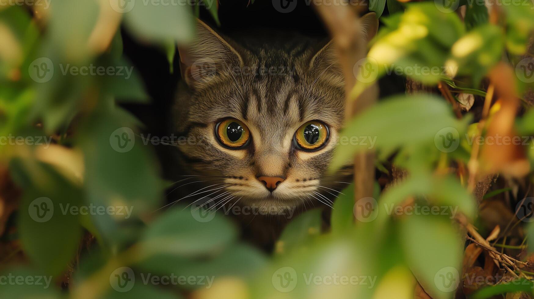 Curious cat peeking from greenery in the garden during sunny daytime photo