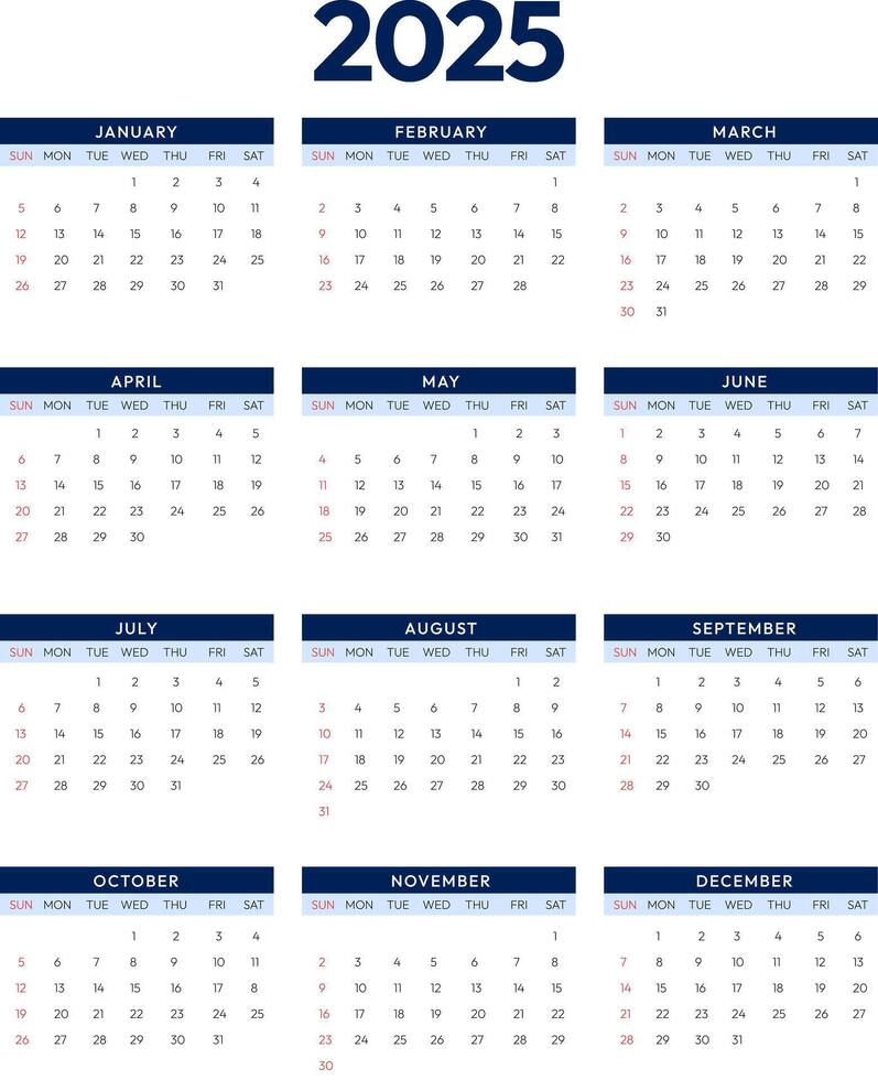 Blue minimalist calendar design with dates and all months, background vector