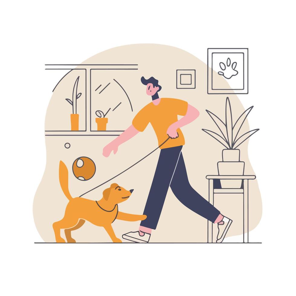 Man walking dog in the house illustration vector