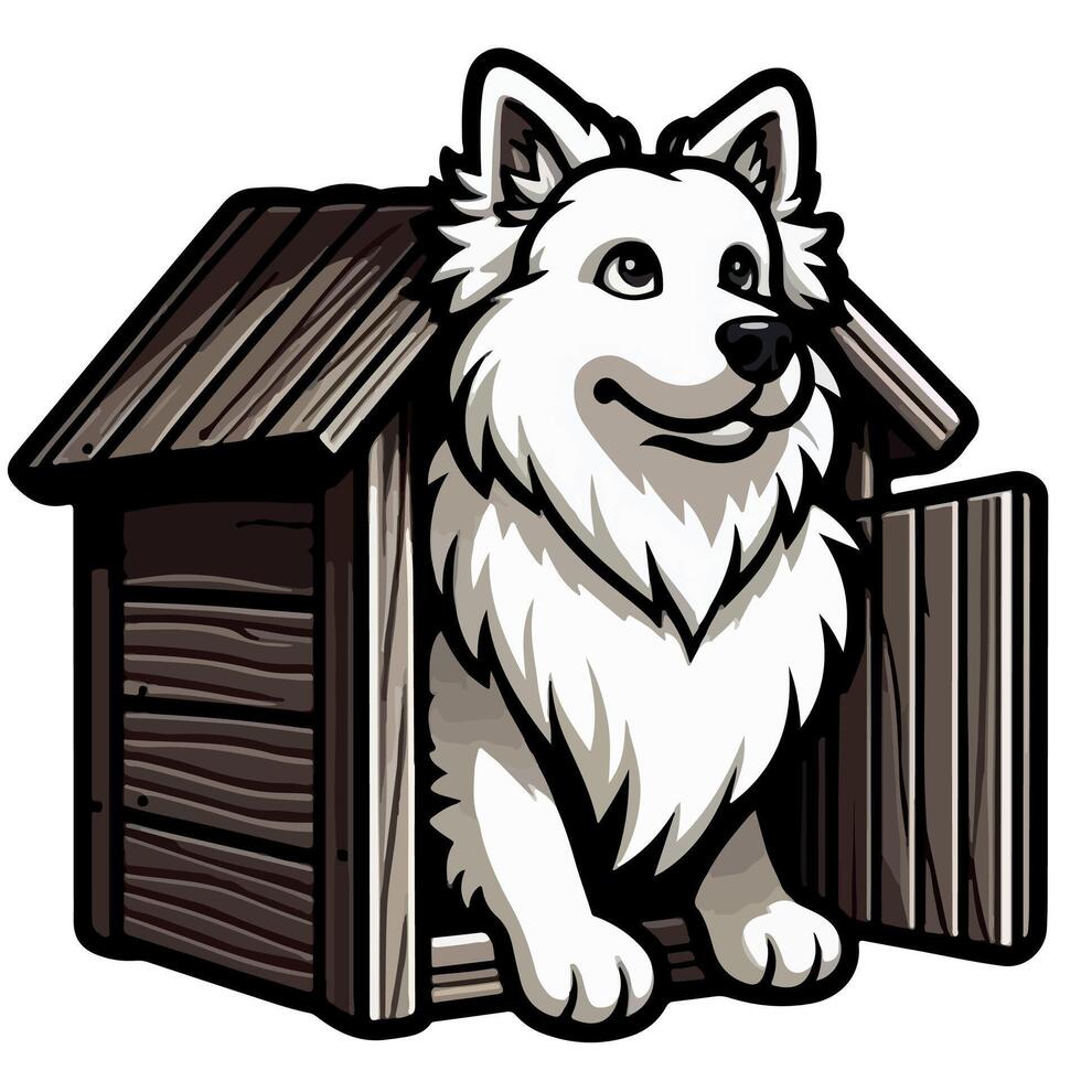 A white dog in a doghouse with a wooden door vector
