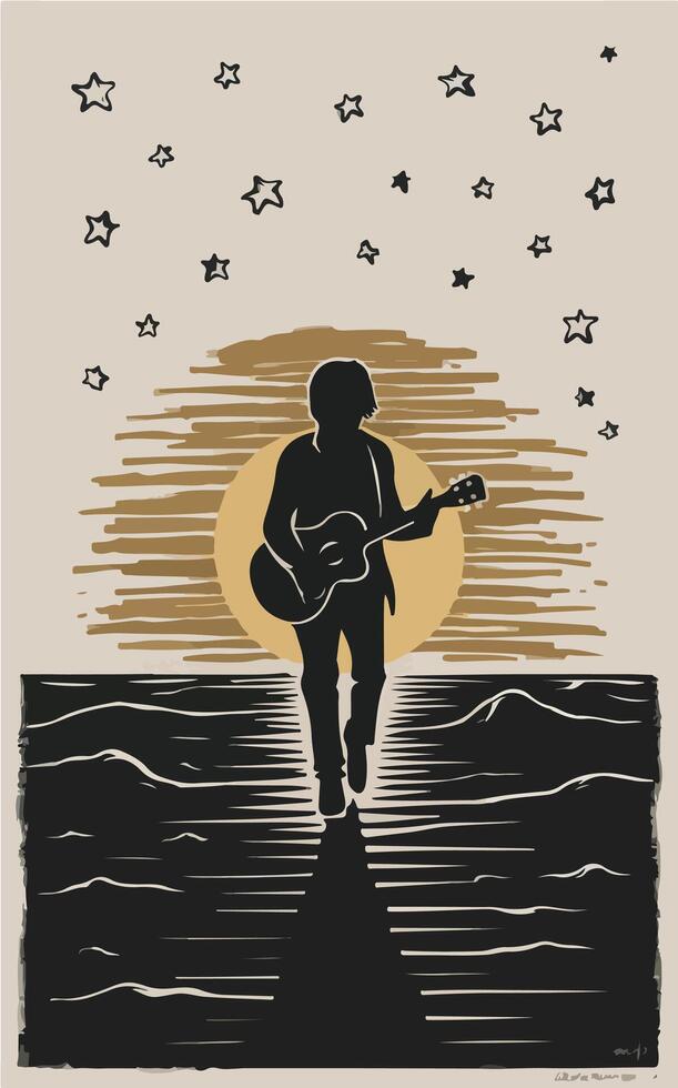 A man playing guitar at sunset with stars in the sky vector