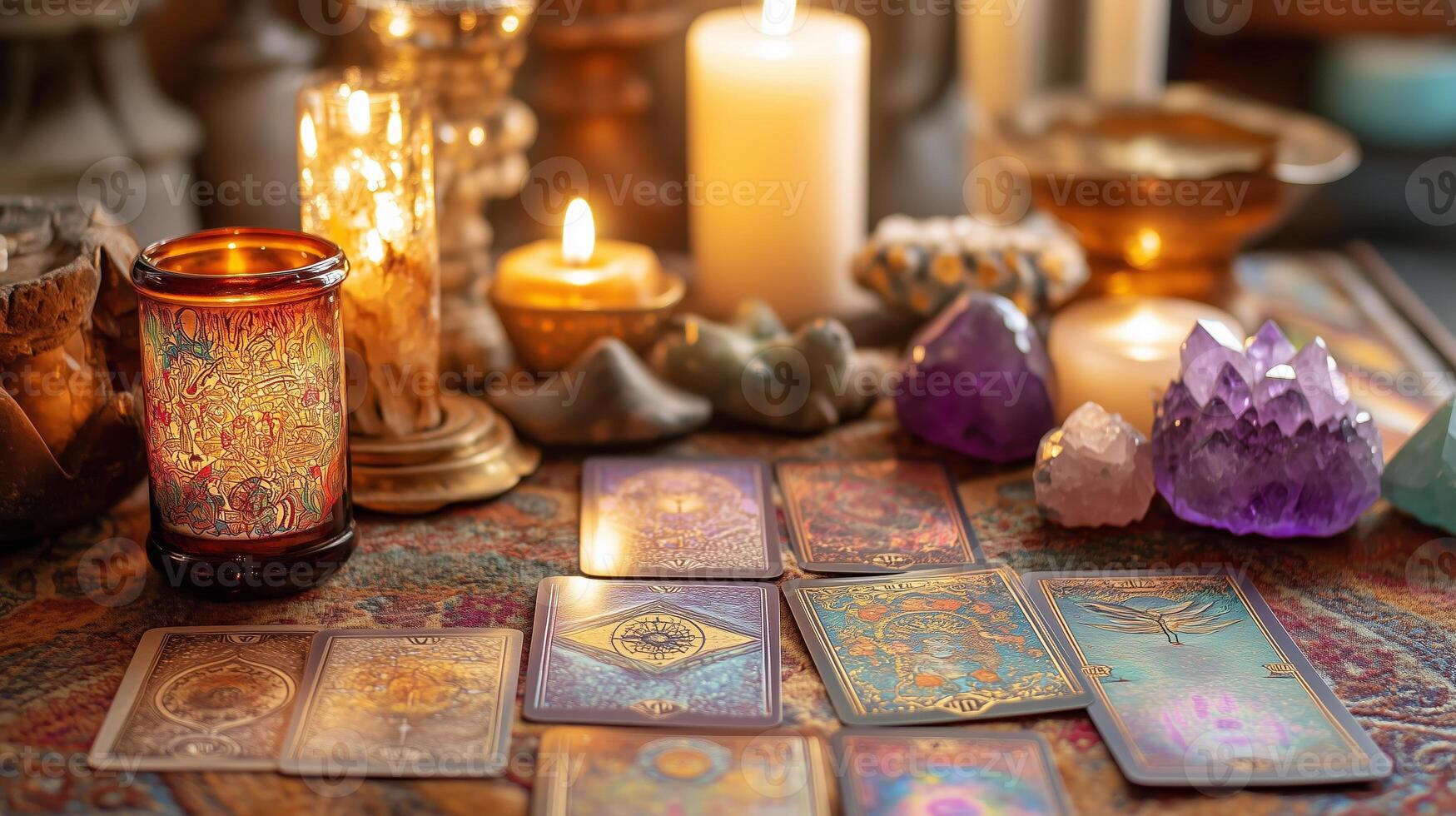 A mystical tarot card reading setup with candles and crystals in a cozy, warm atmosphere during the evening hours photo