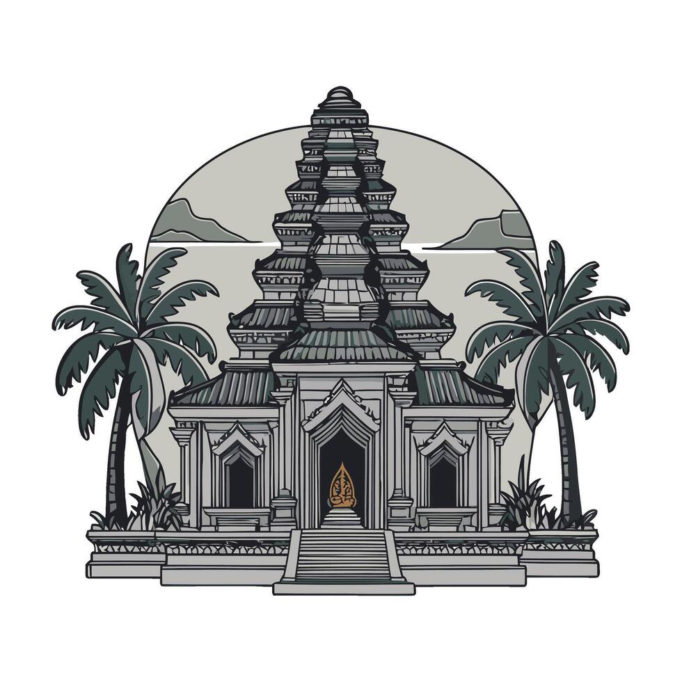 An ancient temple with palm trees and a large building vector