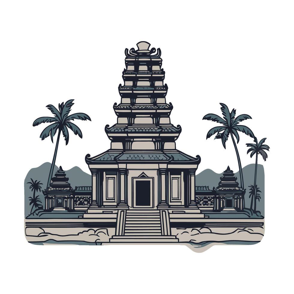 An asian temple with palm trees and a pagoda vector