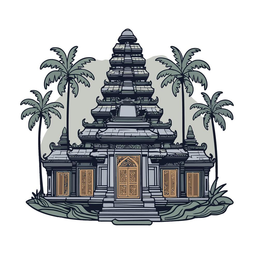 An illustration of a temple with palm trees vector
