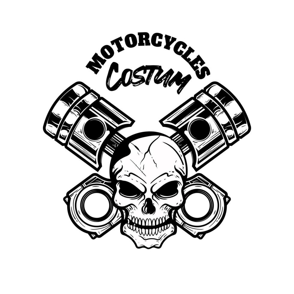 Engine piston Head skull Car and motorcycle repair service of Isolated on white background. Perfect for t-shirt, emblems, labels, badges and logos. vector