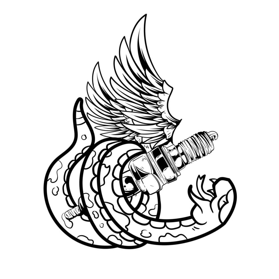 spark plug winged and snake Car and motorcycle repair service of Isolated on white background. Perfect for t-shirt, emblems, labels, badges and logos. vector