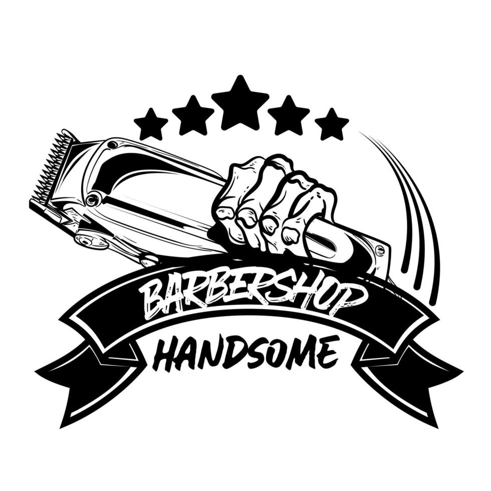 Barbershop skull holding shaving machines service of Isolated on white background. Perfect for t-shirt, emblems, labels, badges and logos. vector