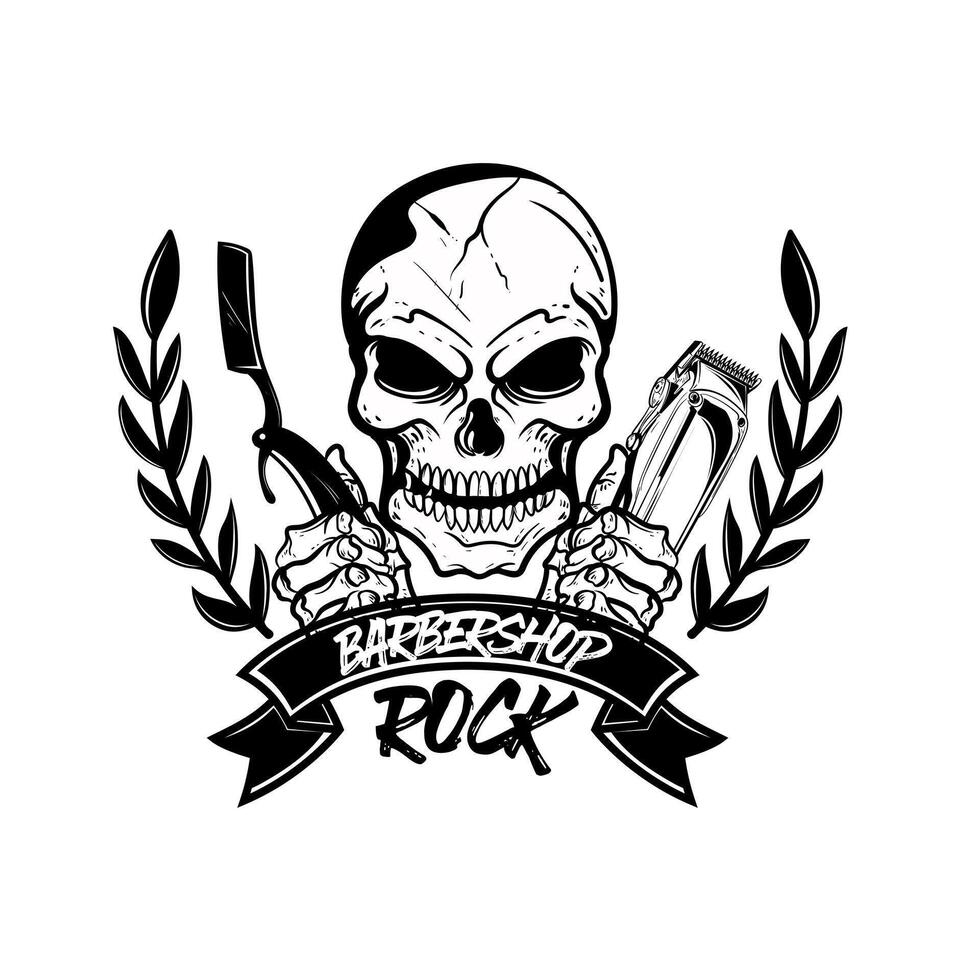 Barbershop skull holding razors and shaving machines service of Isolated on white background. Perfect for t-shirt, emblems, labels, badges and logos. vector