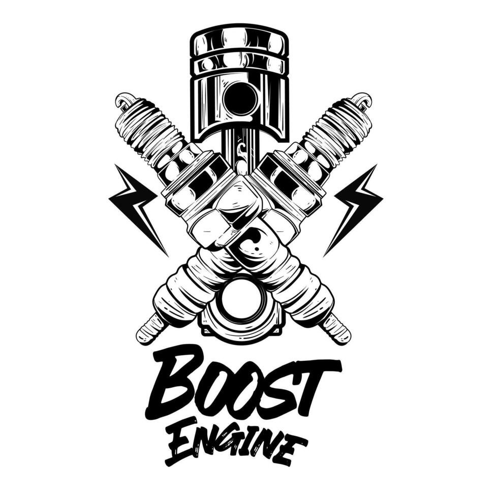 spark plug and piston engine Car and motorcycle repair service of Isolated on white background. Perfect for t-shirt, emblems, labels, badges and logos. vector
