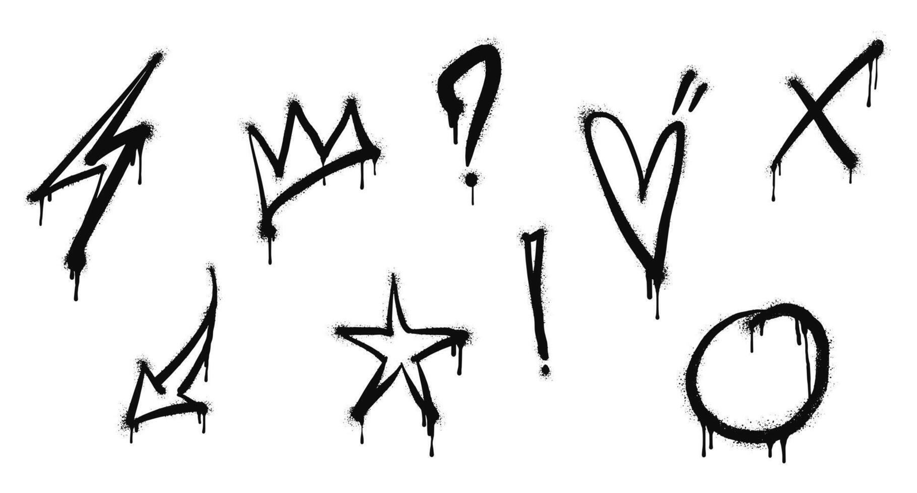 Spray painted graffiti Crown, star, flash, heart, Arrow drip symbol. isolated on white background vector