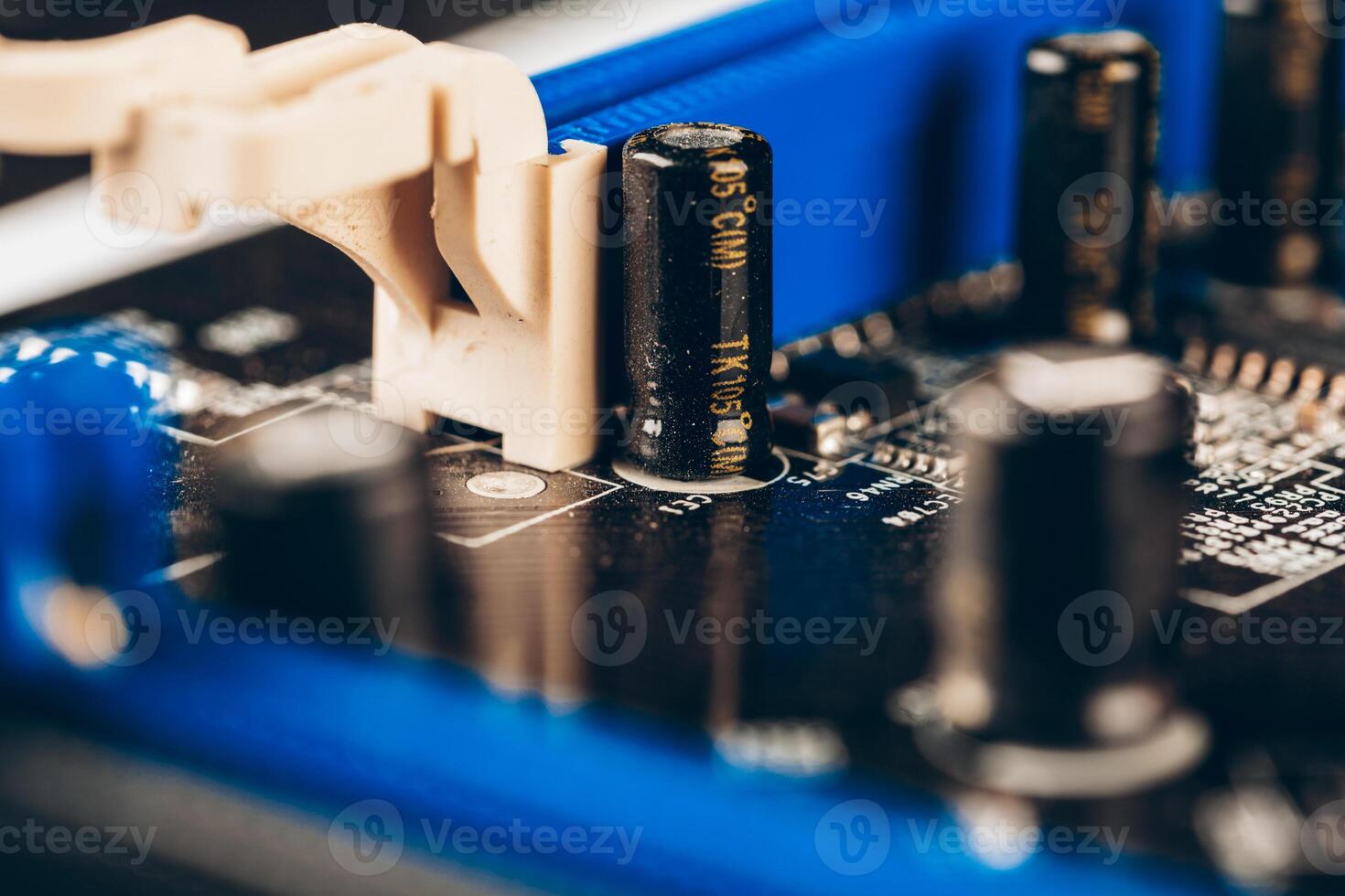 Computer electronic circuit board with processor close up photo