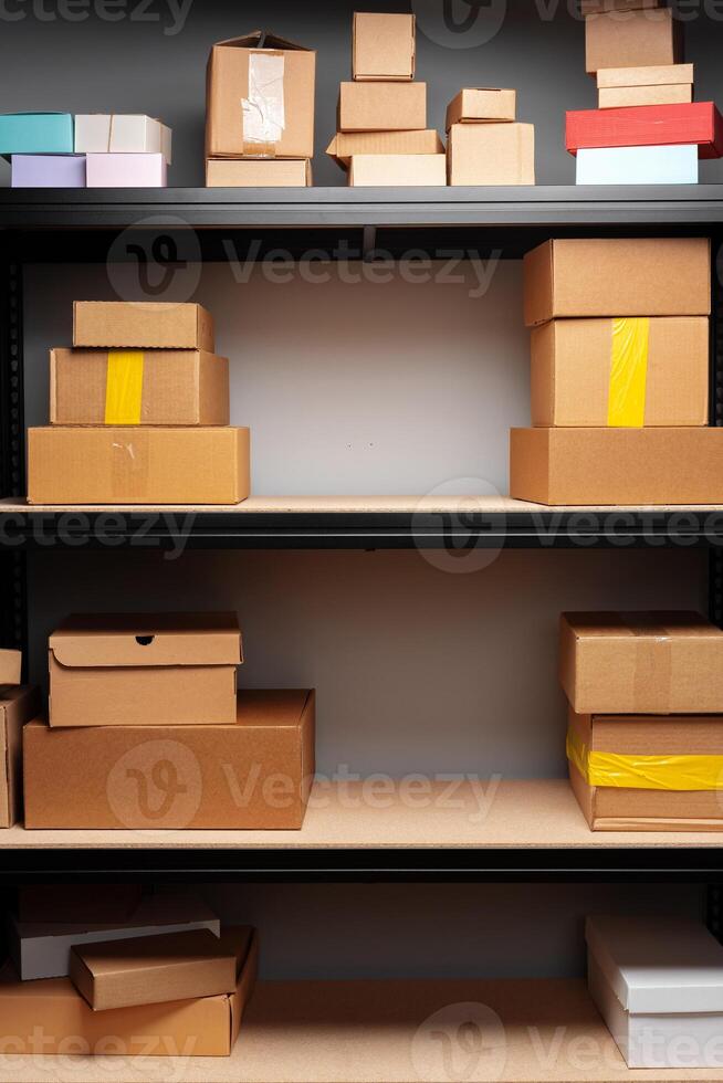 Rows of shelves with cardboard boxes in modern warehouse photo