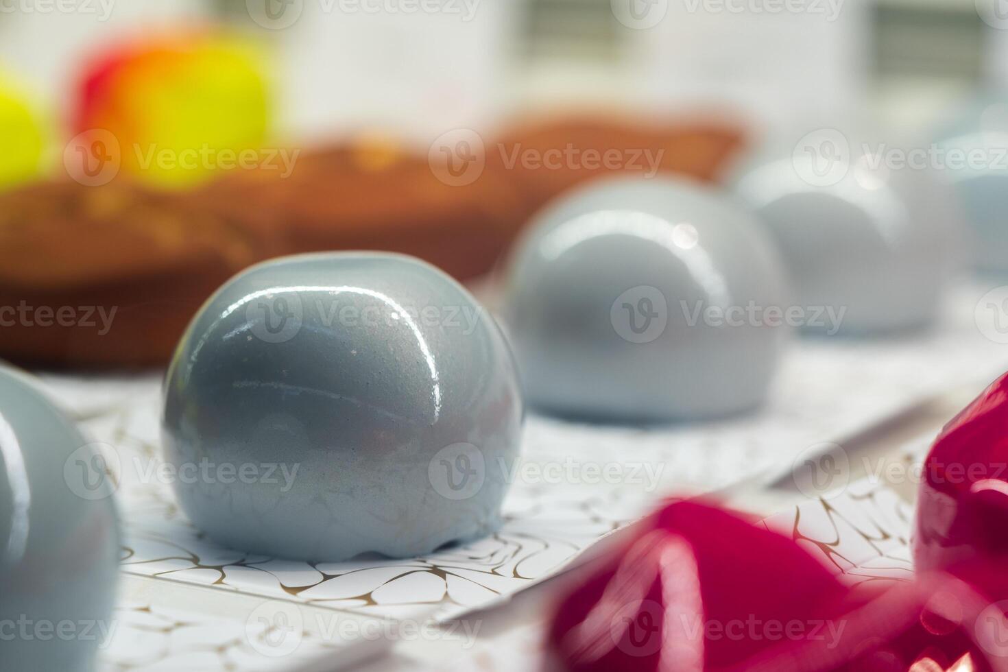 Beautiful delicious pastries on a showcase in a shop photo