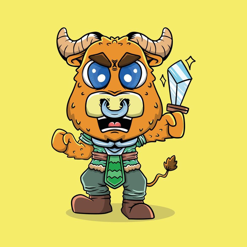 Cute Angry Ox with sword Mascot Cartoon Character Illustration vector