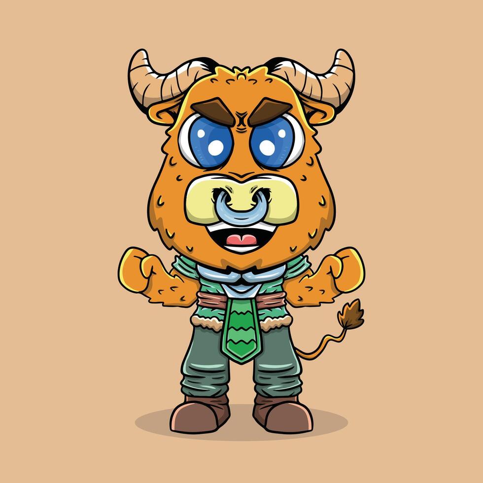 Cute Angry Smiling Ox Mascot Cartoon Character Illustration vector