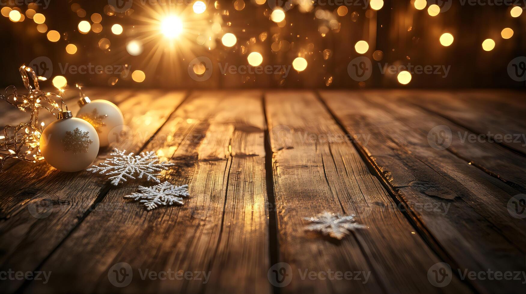 A warm, festive scene with Christmas ornaments, snowflakes, and twinkling lights on a rustic wooden surface, illuminated by soft golden bokeh lights, photo