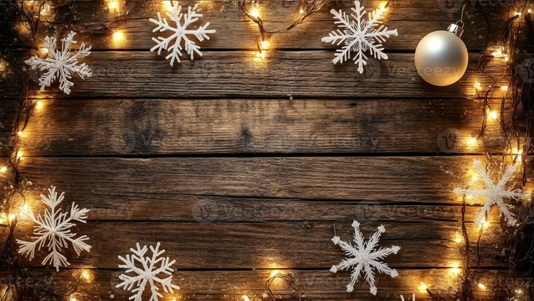 A festive wooden surface adorned with Christmas lights, snowflakes, ornaments, and pine branches, creating a cozy holiday atmosphere, photo