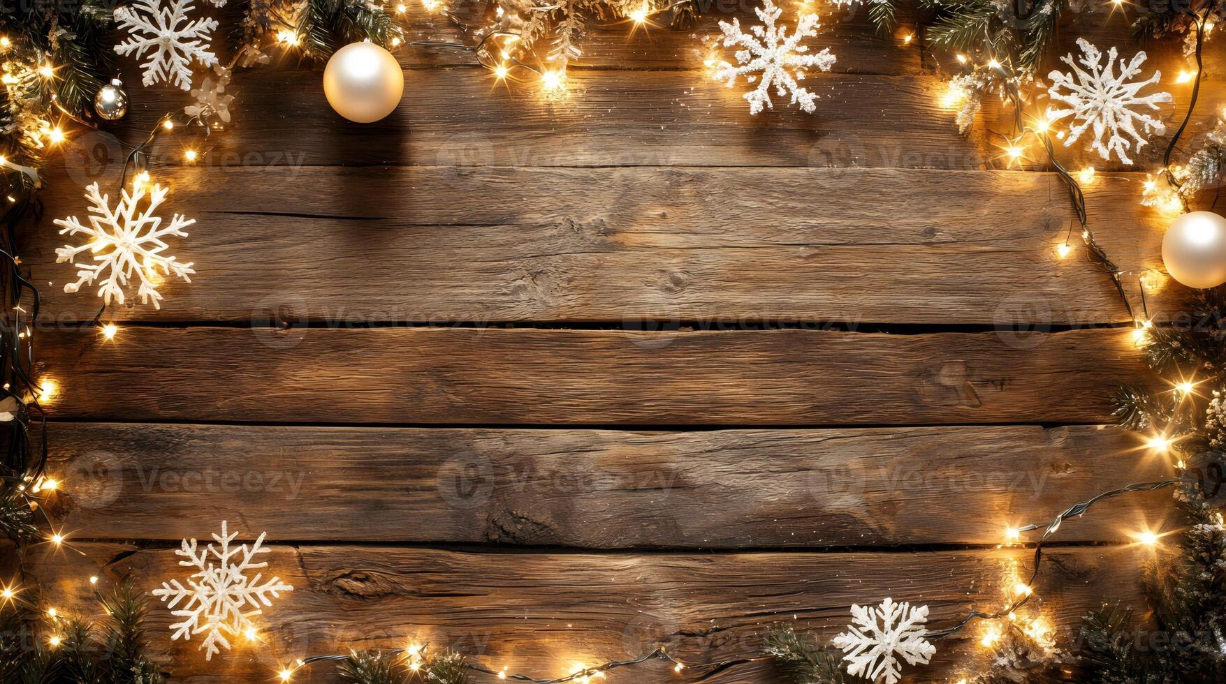 A festive wooden surface adorned with Christmas lights, snowflakes, ornaments, and pine branches, creating a cozy holiday atmosphere, photo