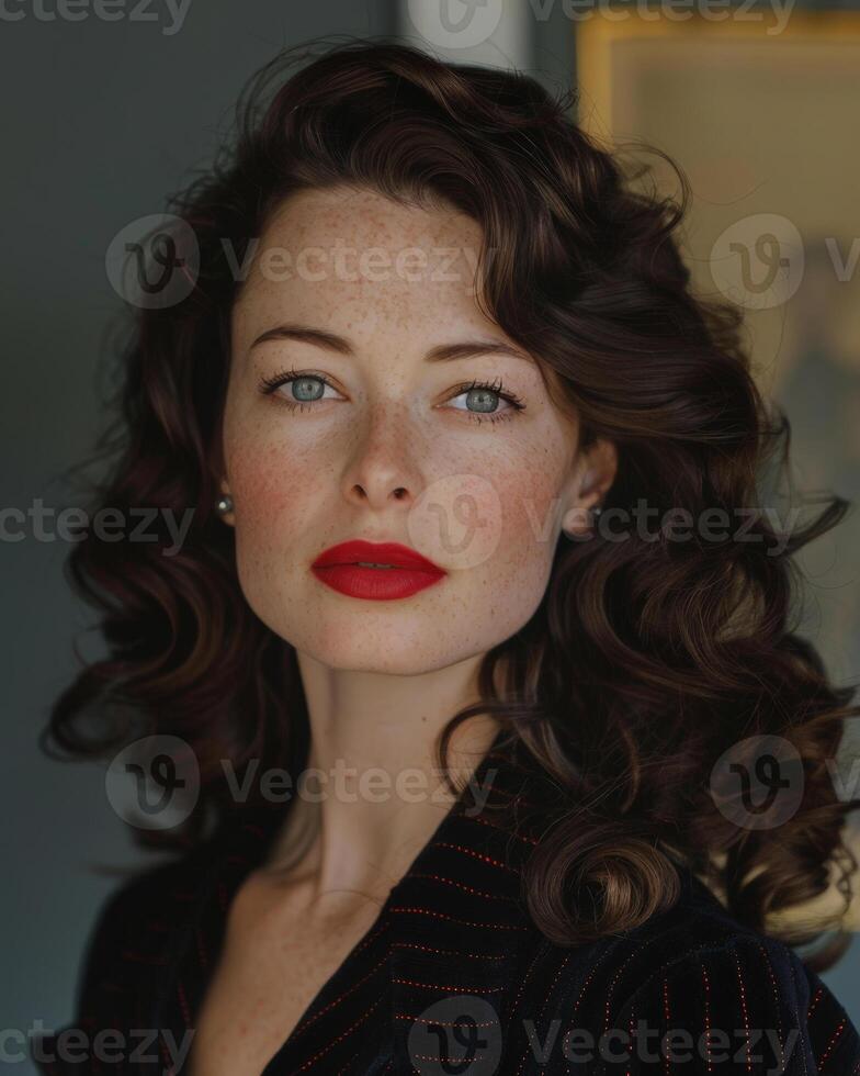 Classic Portrait of a Glamorous Woman with Red Lips and Curly Hair photo