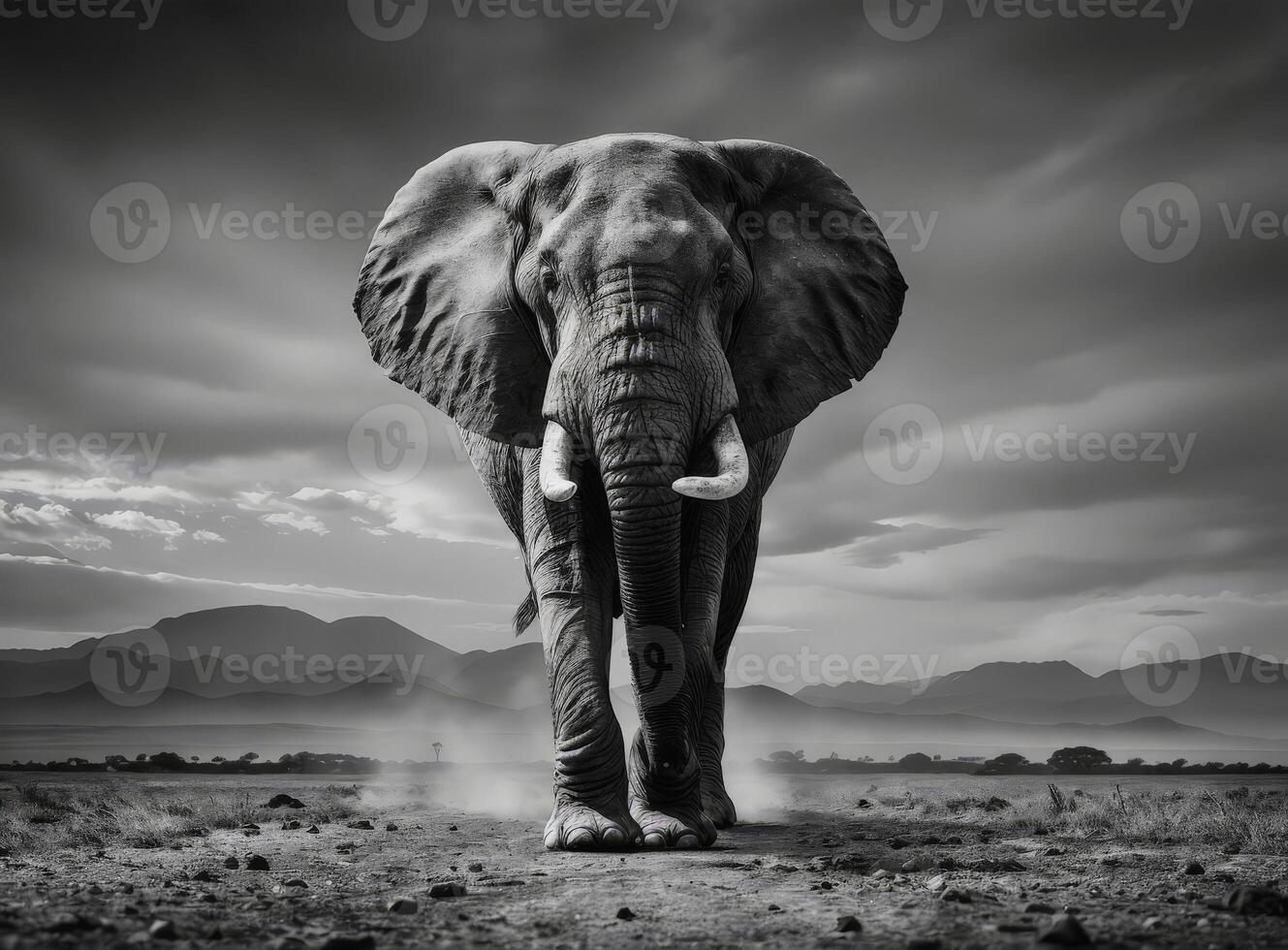 Black and White Photograph of an Elephant Walking Towards the Camera in a Dusty Landscape photo