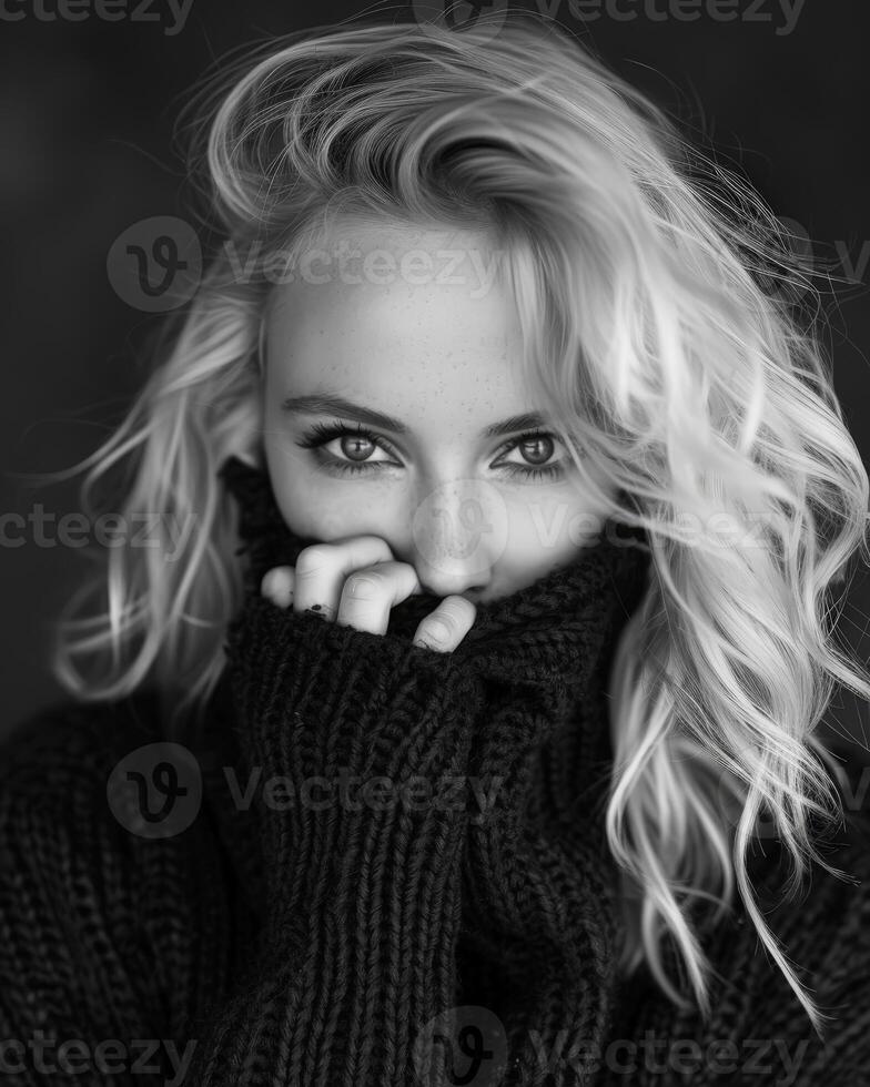Black and white portrait of a woman hiding her mouth with a chunky sweater photo