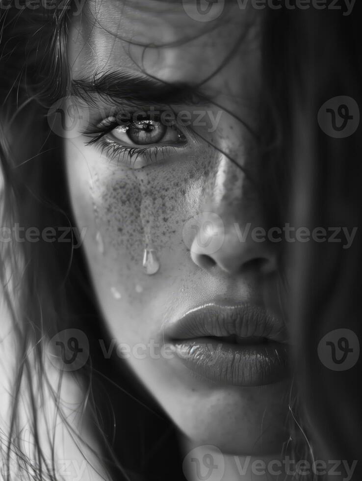 Close up black and white image of a sad teenage girl with tears in her eyes and freckles on her face photo