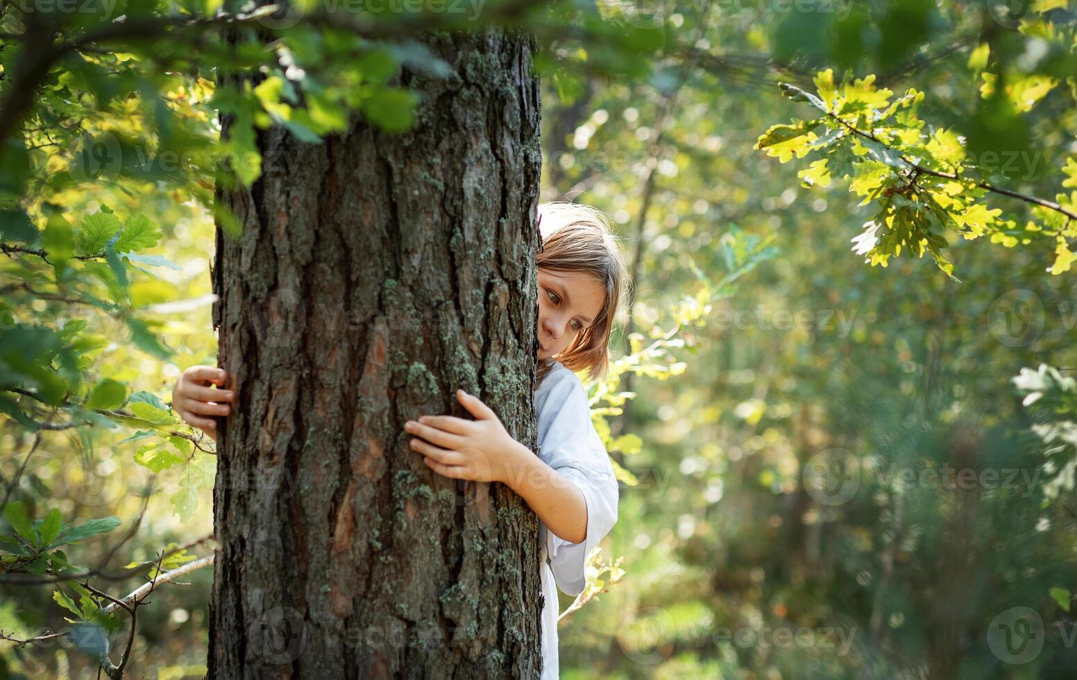 A teenage girl hugs a tree in the forest. photo