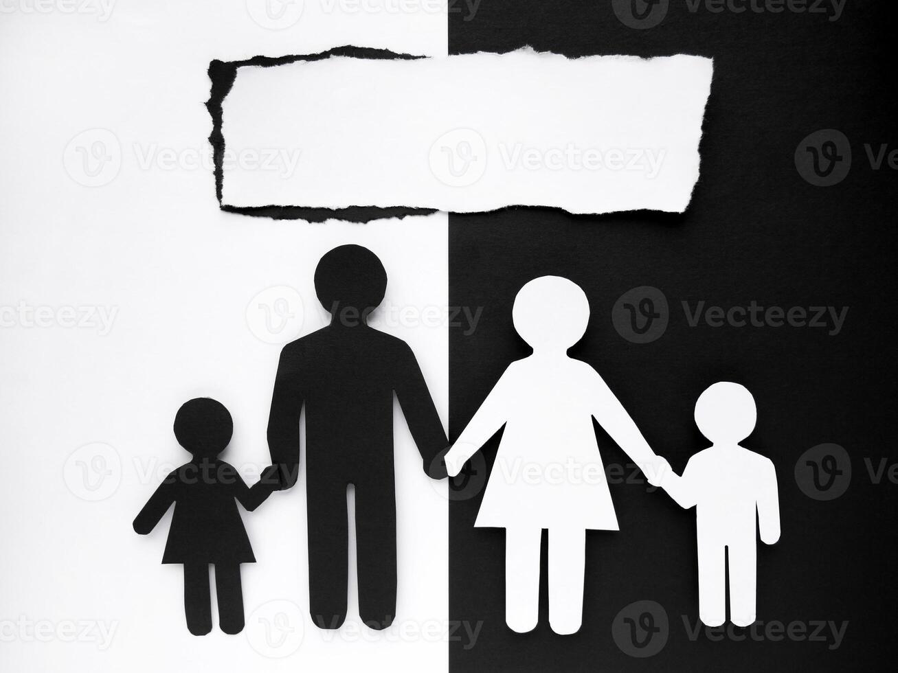 Symbol of a person and family cut out of black and white paper. Interracial family. Space for text. mixed race marriage photo