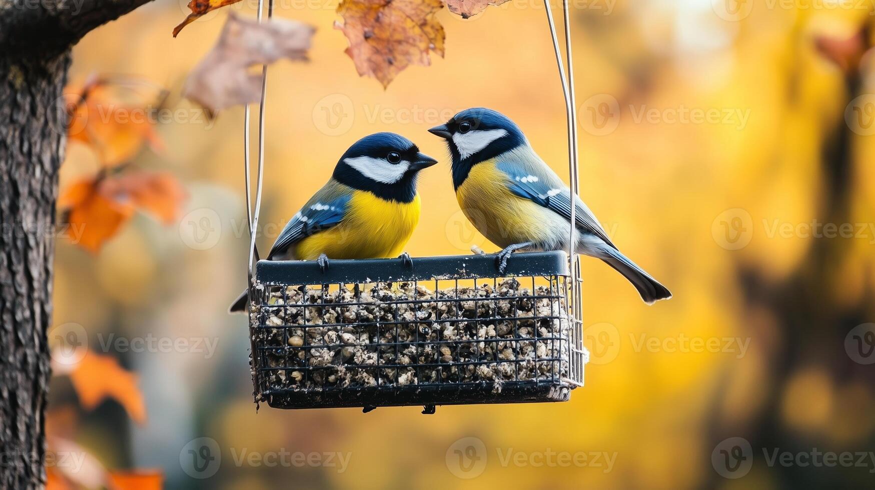 Two colorful blue tits perched on a bird feeder filled with seeds amid vibrant autumn leaves in a tranquil woodland setting photo