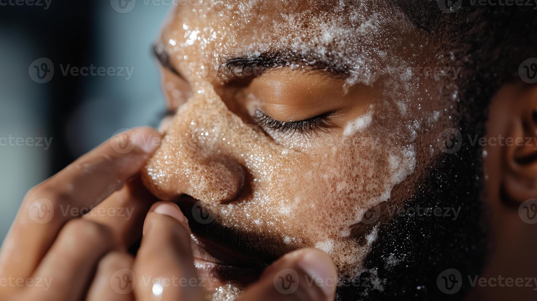 A man applies a cleansing scrub to his face to rejuvenate his skin during a morning skincare routine at home photo