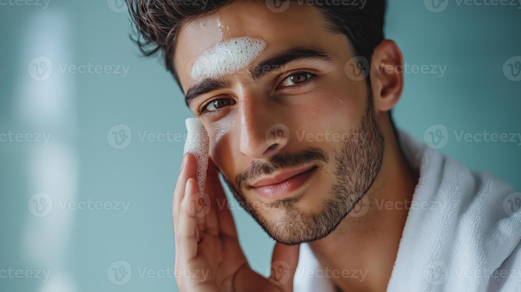Young man applying face cleanser in a bright bathroom while enjoying a self-care routine in the morning photo
