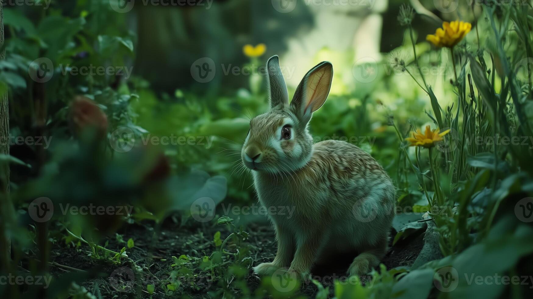 A shy rabbit observes its surroundings among vibrant flowers and lush greenery in a serene garden setting during daylight photo