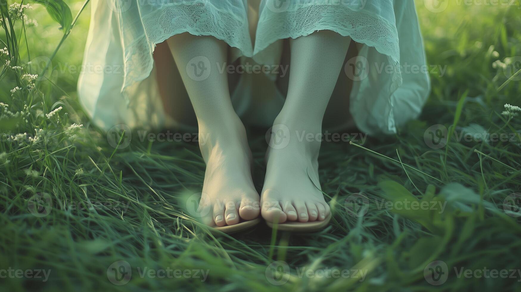 A young woman sitting barefoot in a sunlit grassy field, wearing a flowing white dress on a warm summer day photo