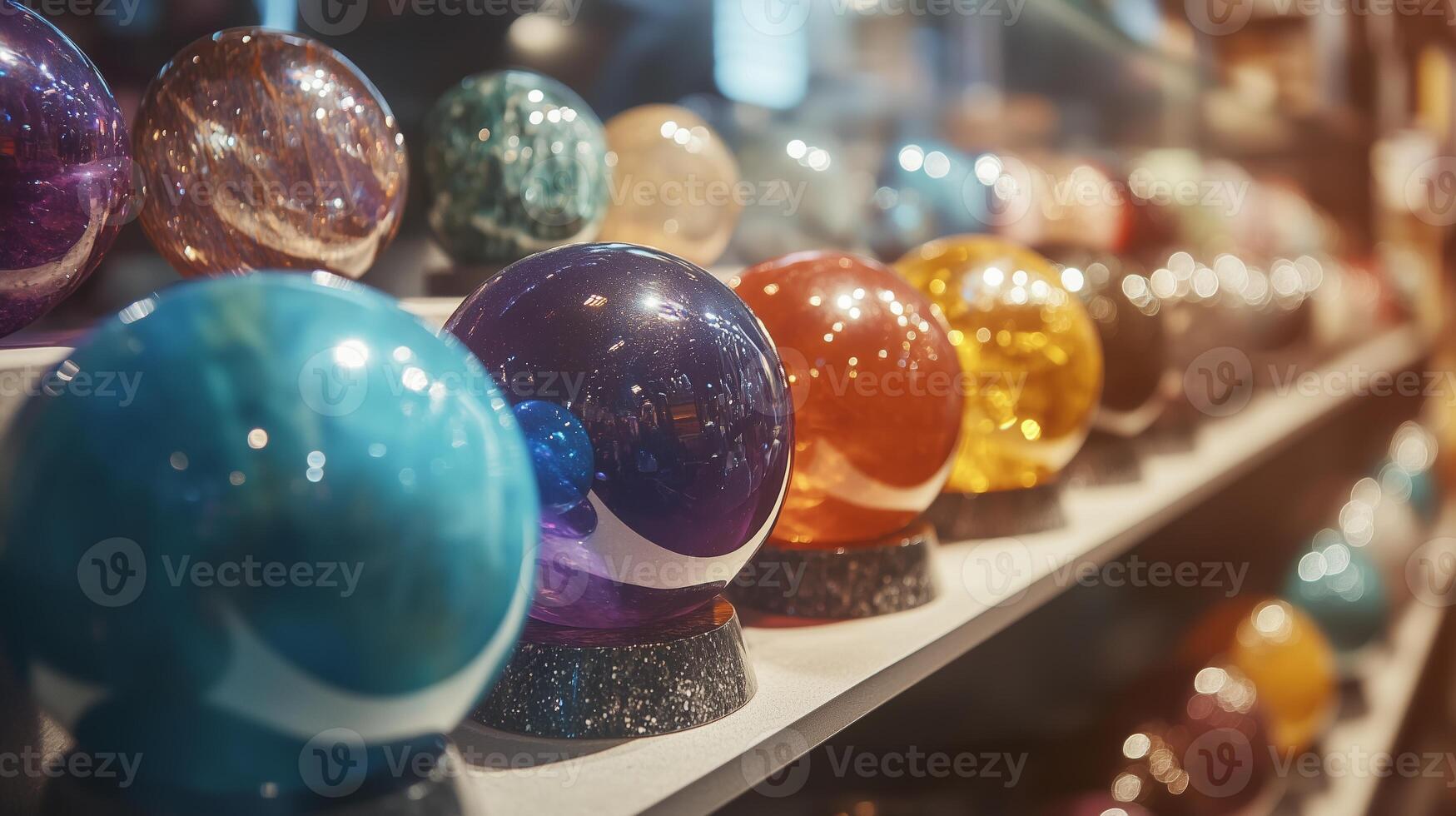 Colorful glass orbs displayed in a shop window, showcasing various shapes and sizes in a vibrant arrangement during the afternoon photo