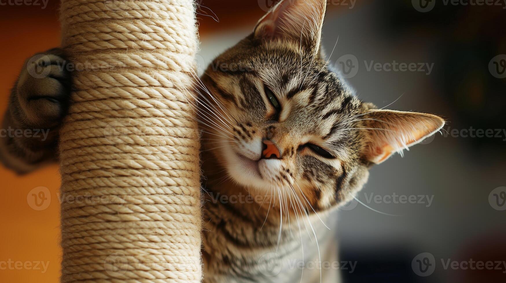 A playful tabby cat enjoys scratching a rope-covered post in a cozy indoor setting during the afternoon photo