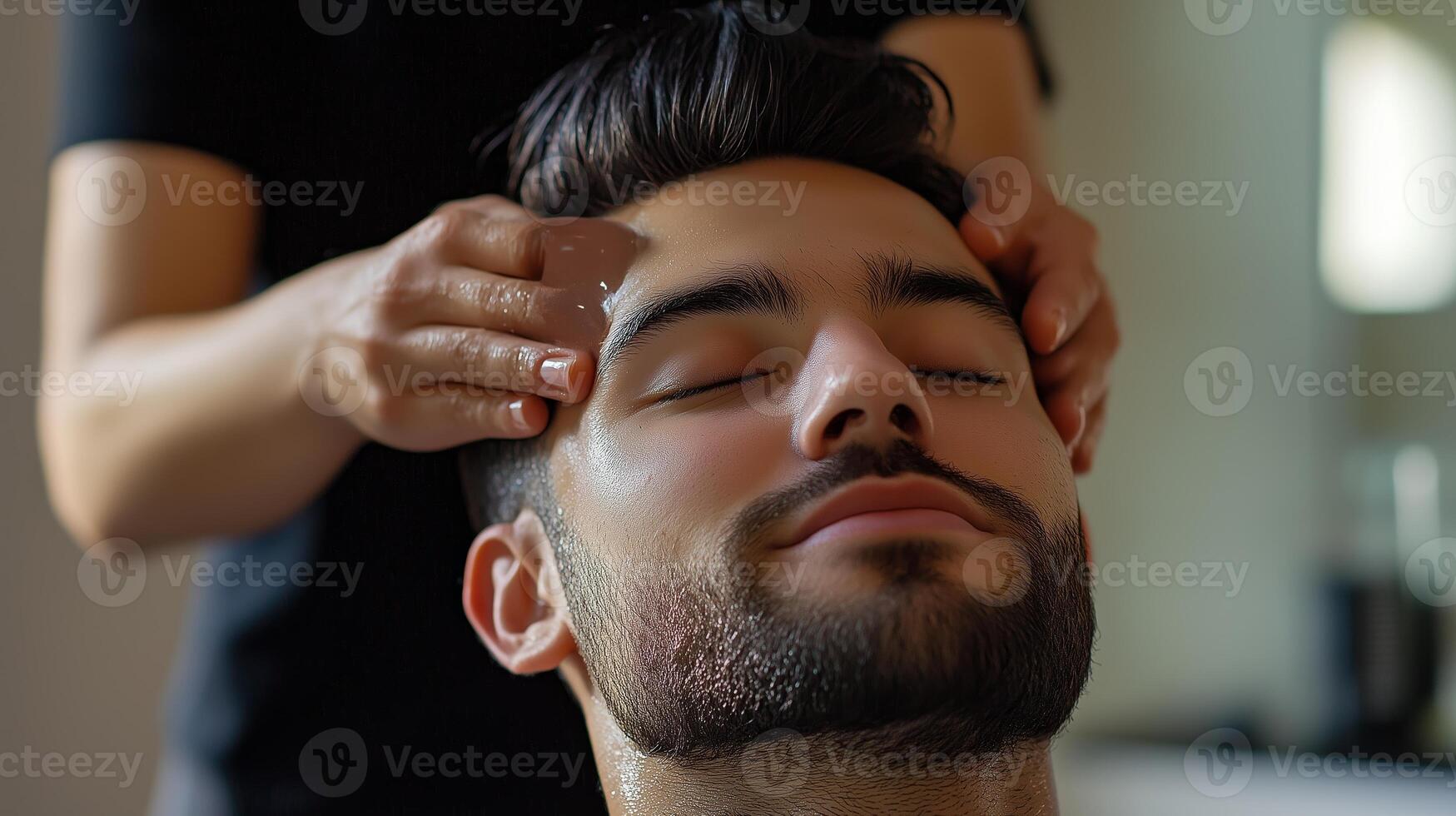 Young man enjoying a relaxing scalp massage at a wellness center in the afternoon sunlight photo