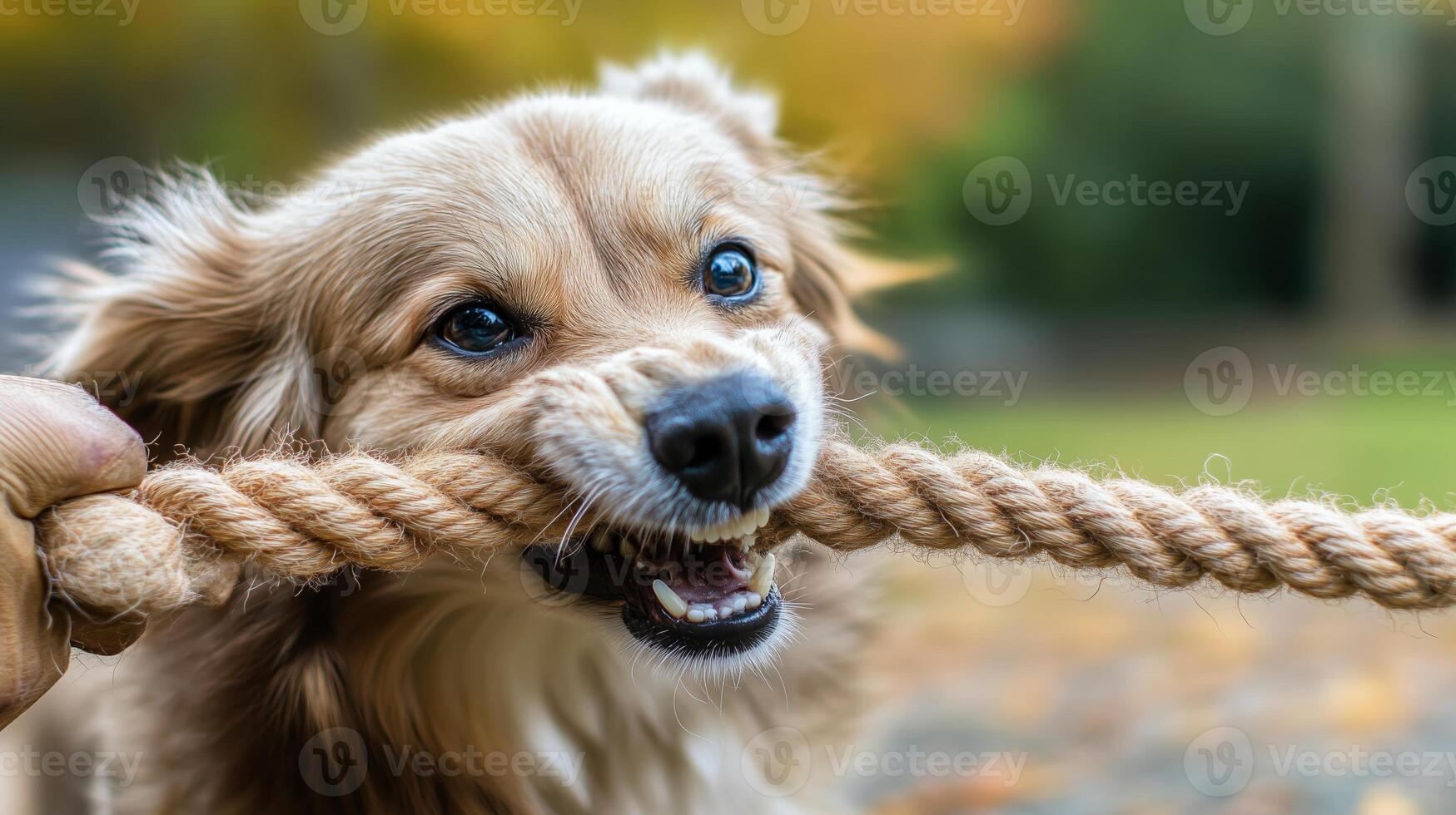 A playful dog enjoys a game of tug-of-war with a rope in a colorful autumn park setting photo